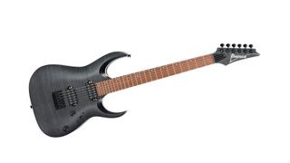 Angled shot of a blue Ibanez Standard RGA42FM electric guitar with flame maple top
