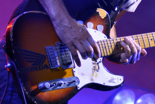 Close-up image of Jonny Greenwood's Tobacco Burst Fender Telecaster Plus (Tele1), highlighting the removed pickup selector knob and kill switch modifications.