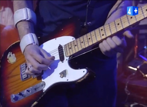 Jonny Greenwood playing his Tobacco Burst Fender Telecaster Plus (old Tele1) in the music video for &quot;Just&quot;, showcasing the guitar during Radiohead's early period.