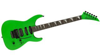 Angled shot of a blue Jackson American Series Soloist SL3 electric guitar