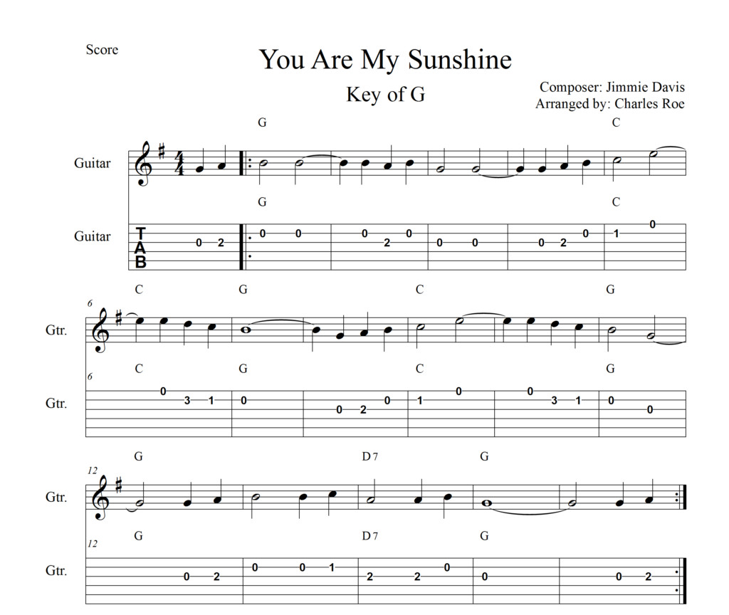 You Are My Sunshine melody guitar notes high register