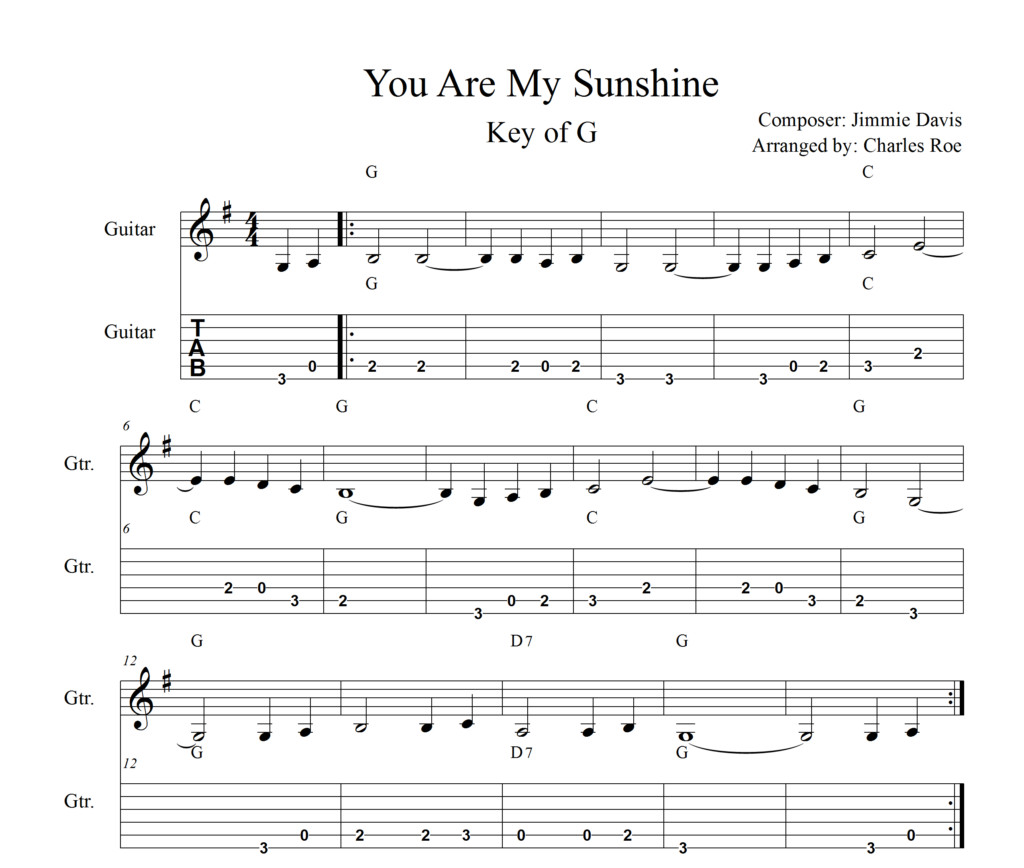 You Are My Sunshine basic melody guitar notes