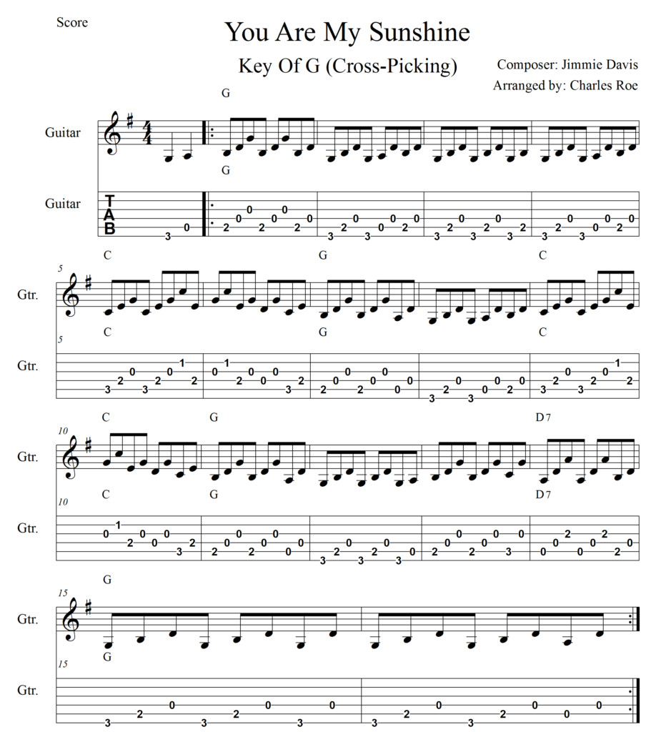 You Are My Sunshine cross-picking guitar notes arrangement