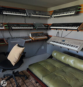 Puth’s synth collection also includes several digital workstation keyboards as well as a Minimoog and an E‑mu SP‑1200 drum sampler (centre).