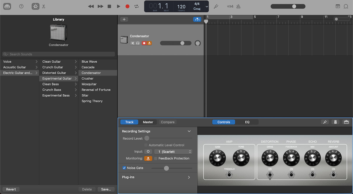 Electric guitar and bass preset in GarageBand