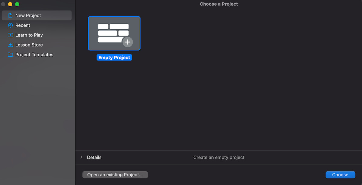 GarageBand opening screen with option to select empty project