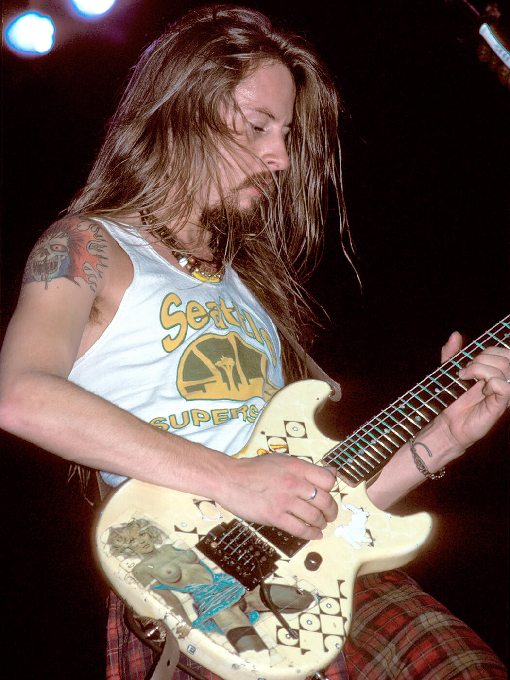 Jerry Cantrell performing with his signature "Blue Dress" G&L Rampage, showcasing its iconic modifications
