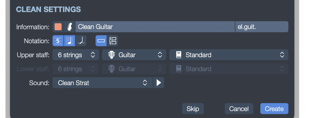 Options for adding an instrument in Guitar Pro
