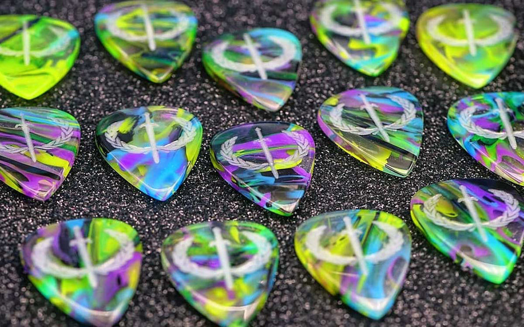 Resin Guitar Picks, iron age guitar accessories, kaotic artworks, elysian spearheads, glow
