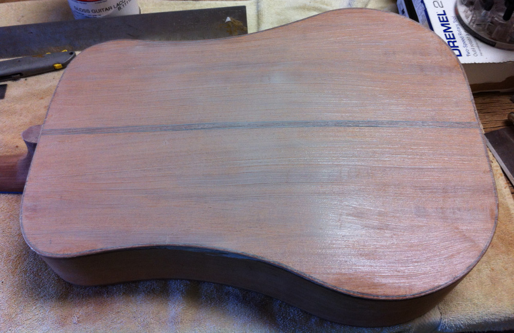 Sanding guitar body to prep for finishing